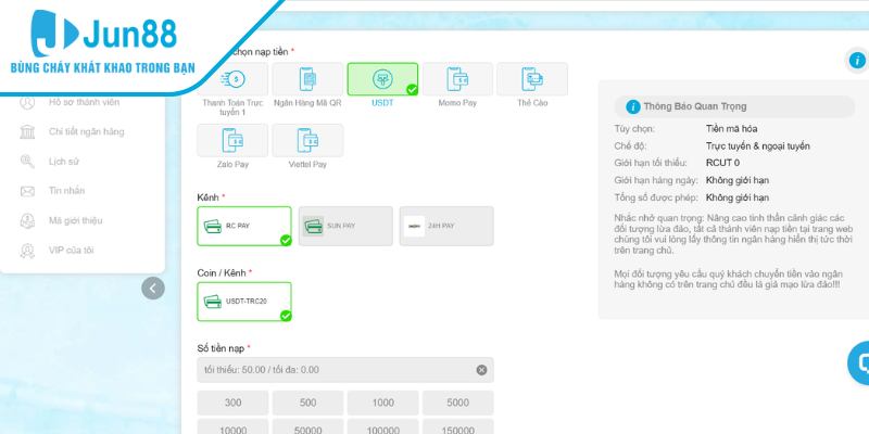 Nạp tiền Jun88 bằng USDT