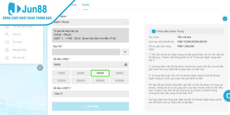 Rút tiền Jun88 an toàn bằng cách nhập thông tin chính xác